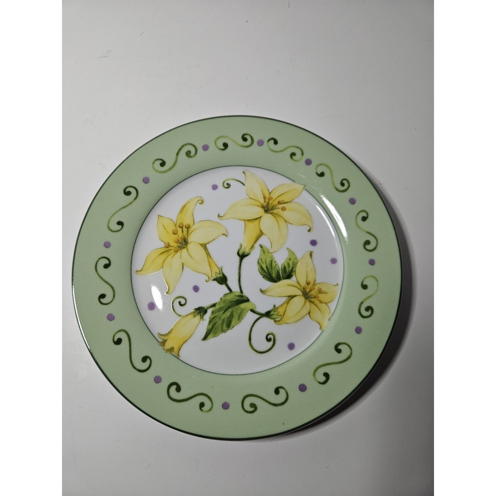I Godinger Co Day Lillies Dessert Plate 7.5 Green Rim Yellow Lily Floral Salad